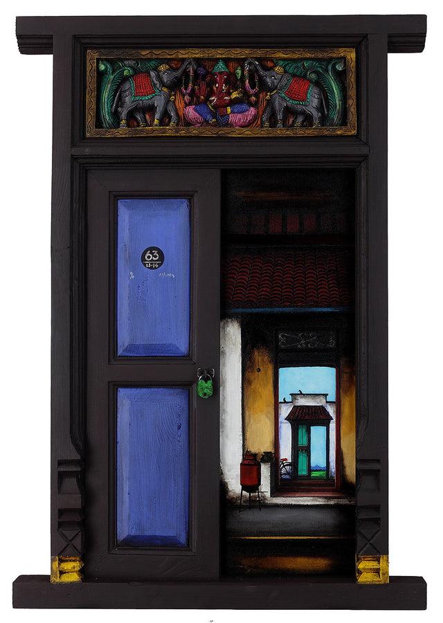 Door Series 17|K.R. Santhana Krishnan- Mixed Media on Wood, 2013, 39 x 27 inches