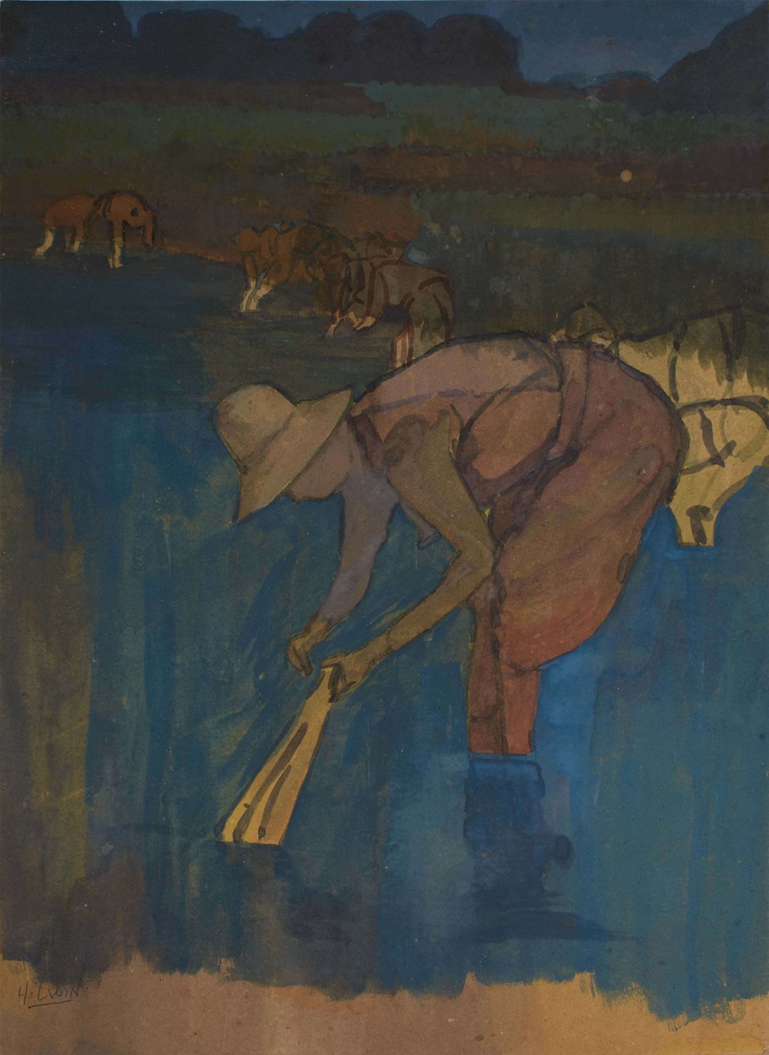 An evening in the farmland|H Lwin- Tempera on Board, 1980, 14.5 x 10.5 inches