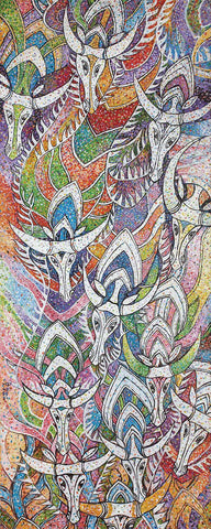Hued Bulls 1|Po Sharr- Acrylic on Canvas, 2014, 57 x 22 inches