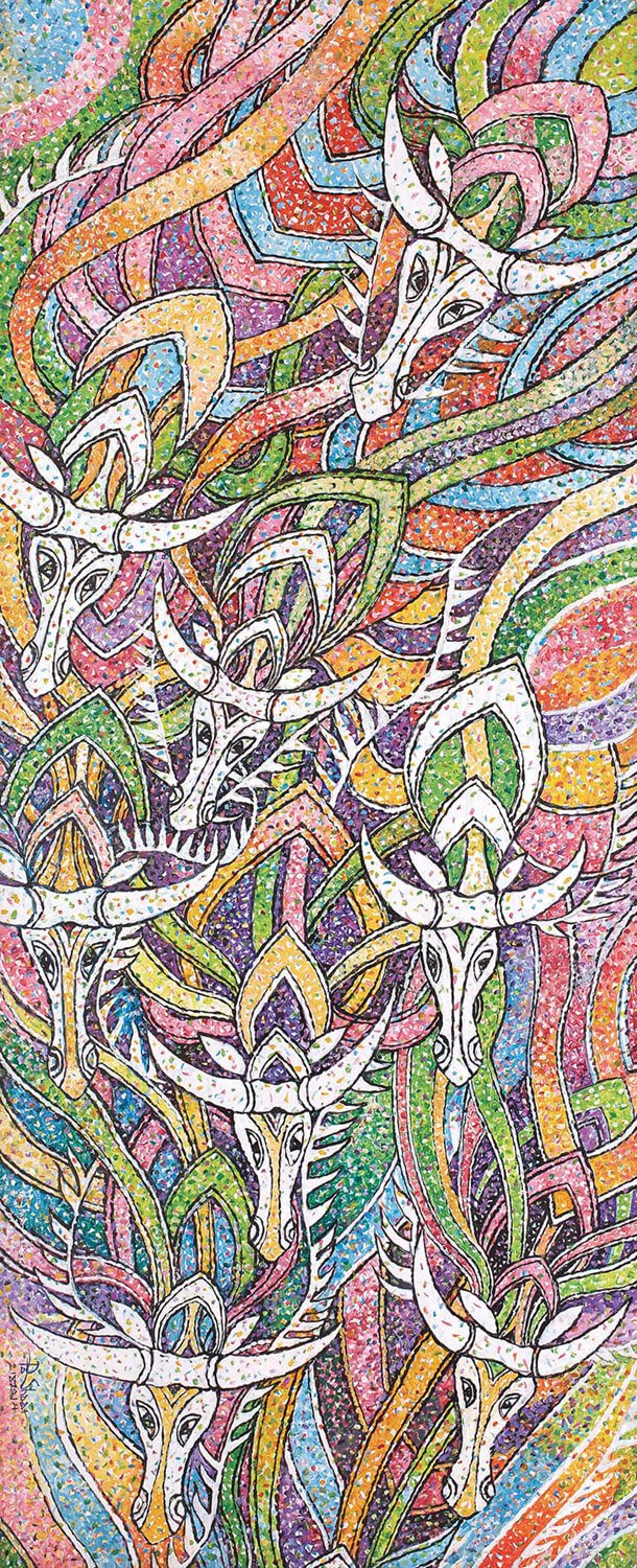 Hued Bulls 2|Po Sharr- Acrylic on Canvas, 2014, 57 x 22 inches