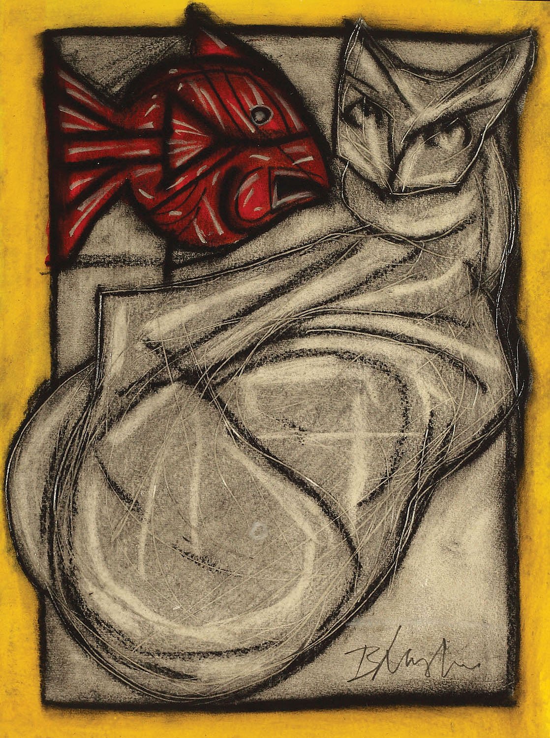 Cat & Fish|R.B. Bhaskaran- Mixed Media on Acid Free 300gsm Paper Board, 2011, 15 x 11 inches