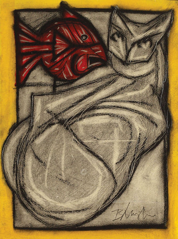 Cat & Fish|R.B. Bhaskaran- Mixed Media on Acid Free 300gsm Paper Board, 2011, 15 x 11 inches