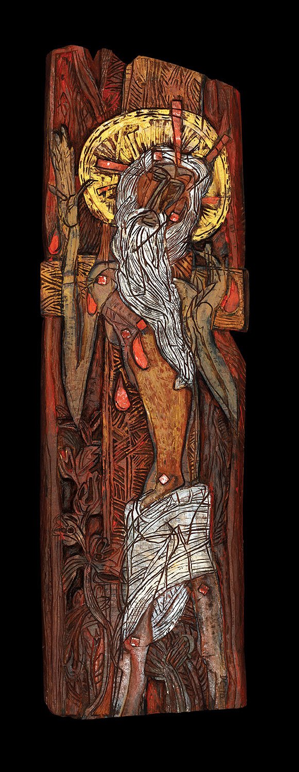 Jesus christ|Dhiraj Choudhury- Burnt & painted wood, 2016, 38 x 11.5 x 1 inches