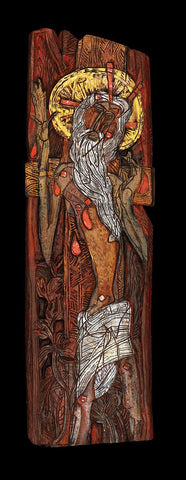 Jesus christ|Dhiraj Choudhury- Burnt & painted wood, 2016, 38 x 11.5 x 1 inches