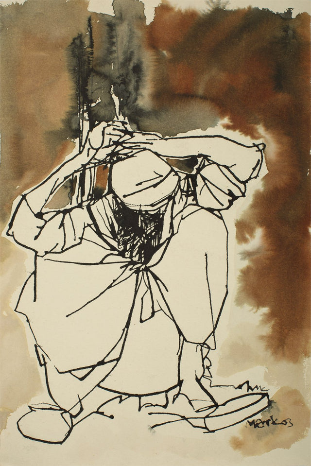 Old Man|S. Mark Rathinaraj- Pen and Ink on Paper, , 15 x 10.5 inches
