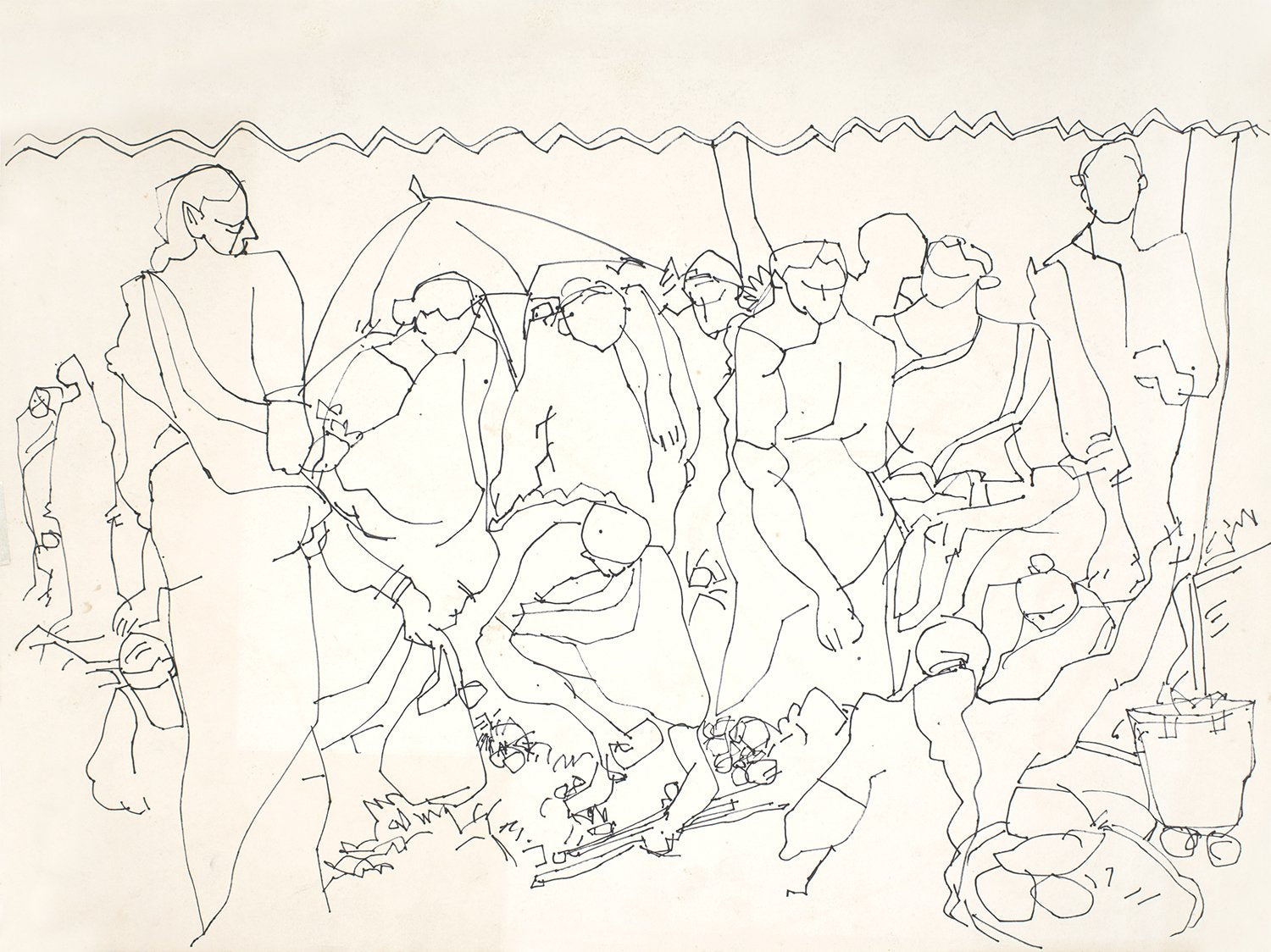 Market|S. Mark Rathinaraj- Pen and Ink on Paper, , 22 x 15.5 inches