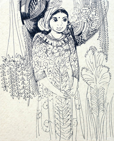 Looking back 38|A. Vasudevan- Pen and Ink on Board, 2013,  7 x 5 inches