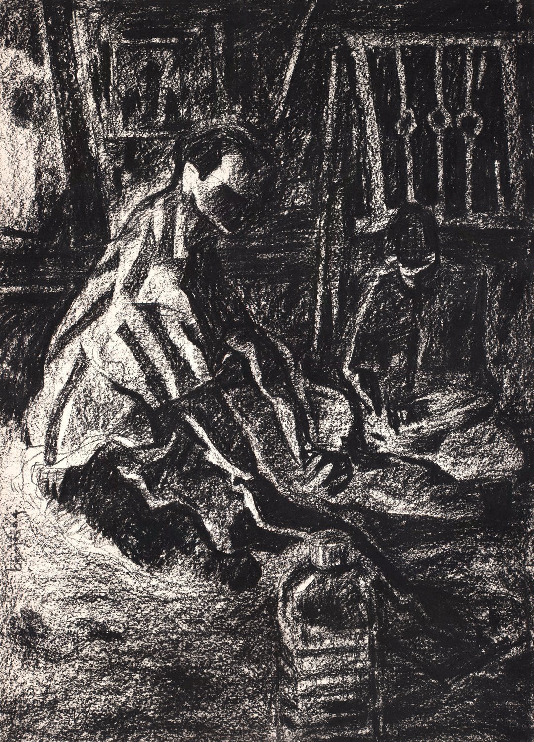 Working|S. Mark Rathinaraj- Charcoal on Board, , 21.5 x 15.5 inches