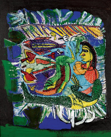Lady with fish|Dhiraj Choudhury- Needle & Brush, 2016, 24 x 20 inches