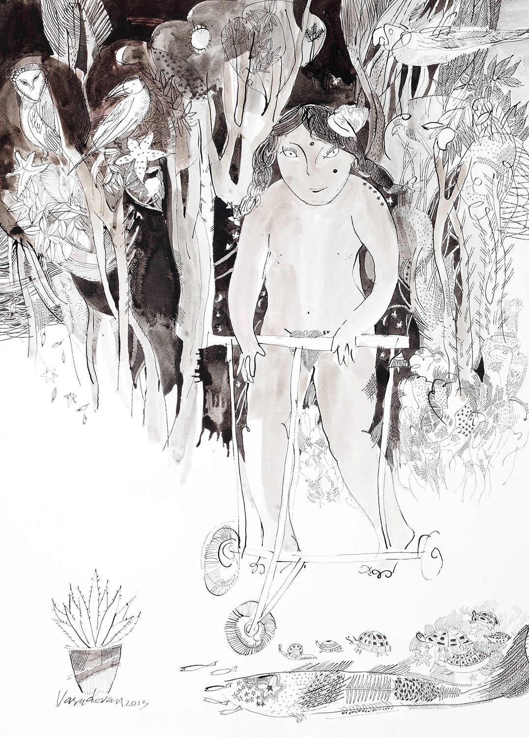 Looking Back 7|A. Vasudevan- Pen and ink on board, 2013, 30 x 22 inches