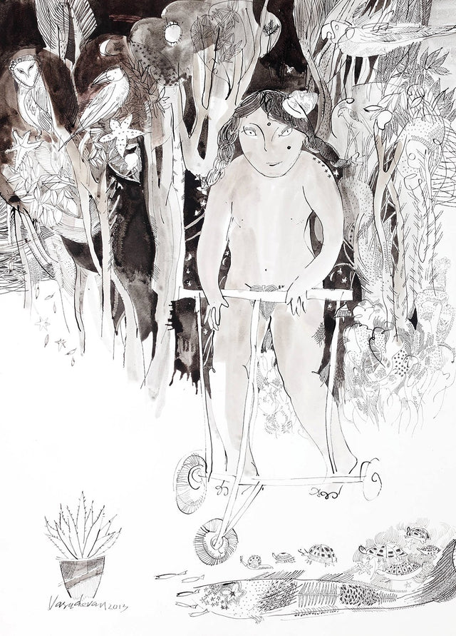 Looking Back 7|A. Vasudevan- Pen and ink on board, 2013, 30 x 22 inches
