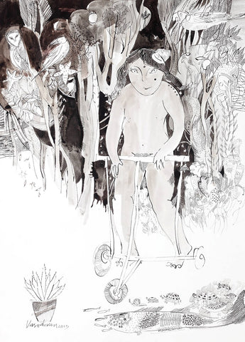 Looking Back 7|A. Vasudevan- Pen and ink on board, 2013, 30 x 22 inches