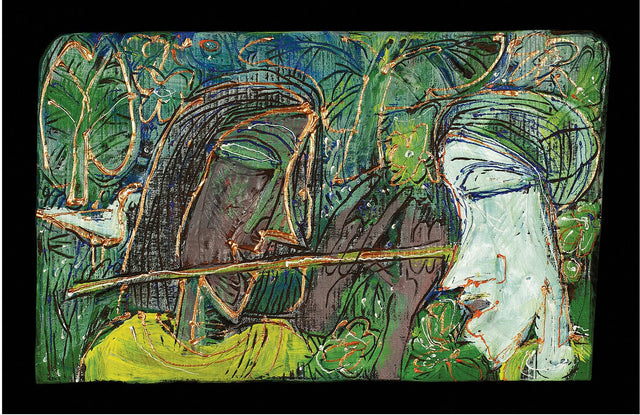 Flute player 2|Dhiraj Choudhury- Burnt & painted wood, 2016, 10 x 16 inches