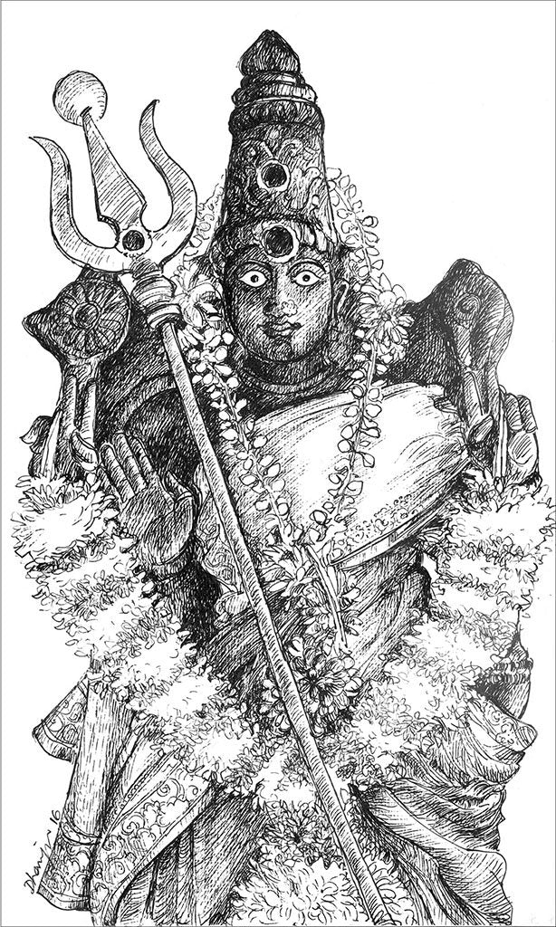 Village Deities 5 (Amman)|Dhanraju Swaminathan- Pen Drawing on Canson Board, 2016, 9.5 x 5.5 inches