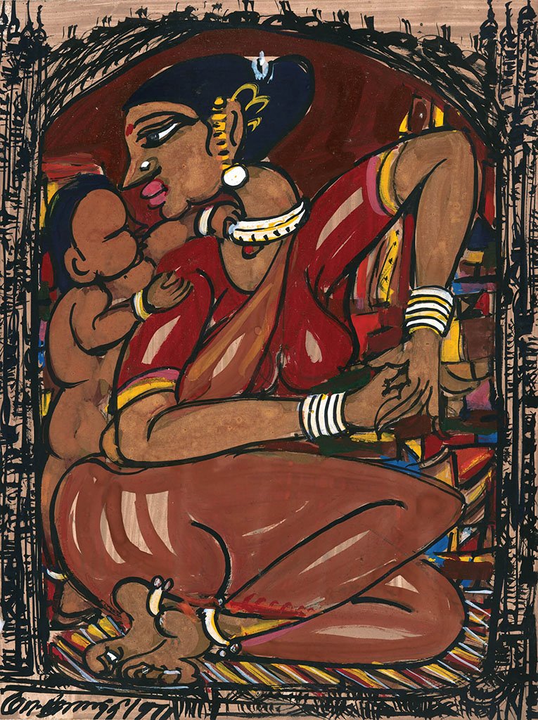 Mother and Child 14|M. Suriyamoorthy- Mixed media on paper, 2009, 14 x 11 inches