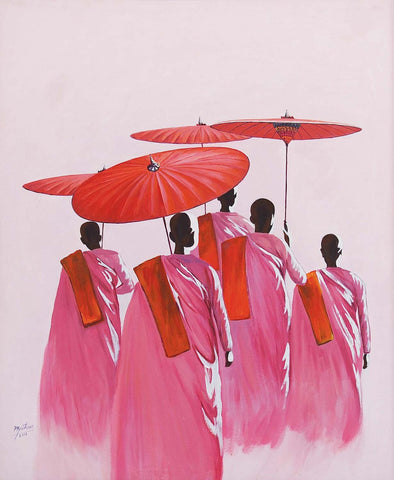 Nuns walking to Monastery|Myint Mar- Acrylic on Canvas, 2016, 48 x 36 inches