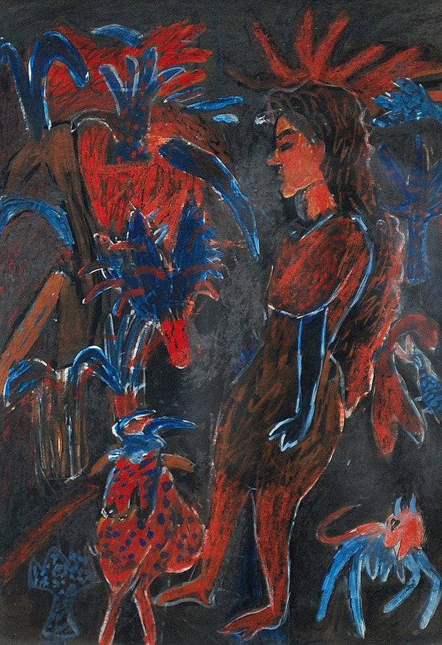 Untitled 14|K.G. Subramanyan- Watercolor and Pastel on Black Paper, 2008, 10.5 x 7 inches