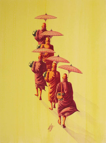 Monks in route 3|Moe- Water Color on Board, , 15 x 11 inches