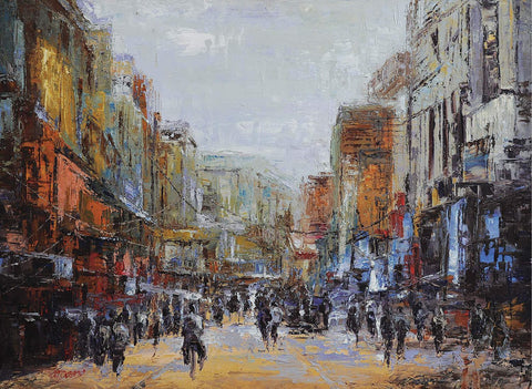 Busy Yangon street|Lu Yaung Saung- Oil on Canvas, 2014, 36 x 48 inches