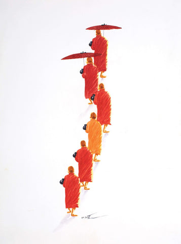 Monks in route 1|Win Thu- Water Color on Board, 2015, 15 x 11 inches