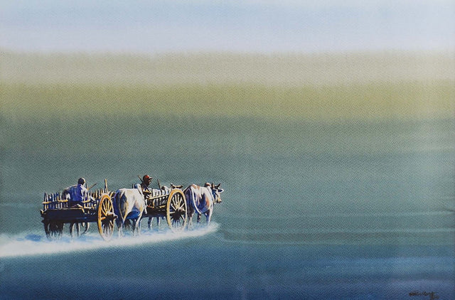 Burmese Ox Cart|Soe Zin Aung- Water Color on Board, 2015, 14.5 x 21 inches