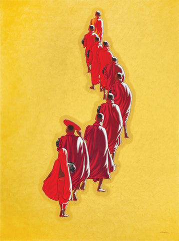 Monks on the morning round|Min Wae Aung- Acrylic on Canvas, 2017, 51 x 37 inches
