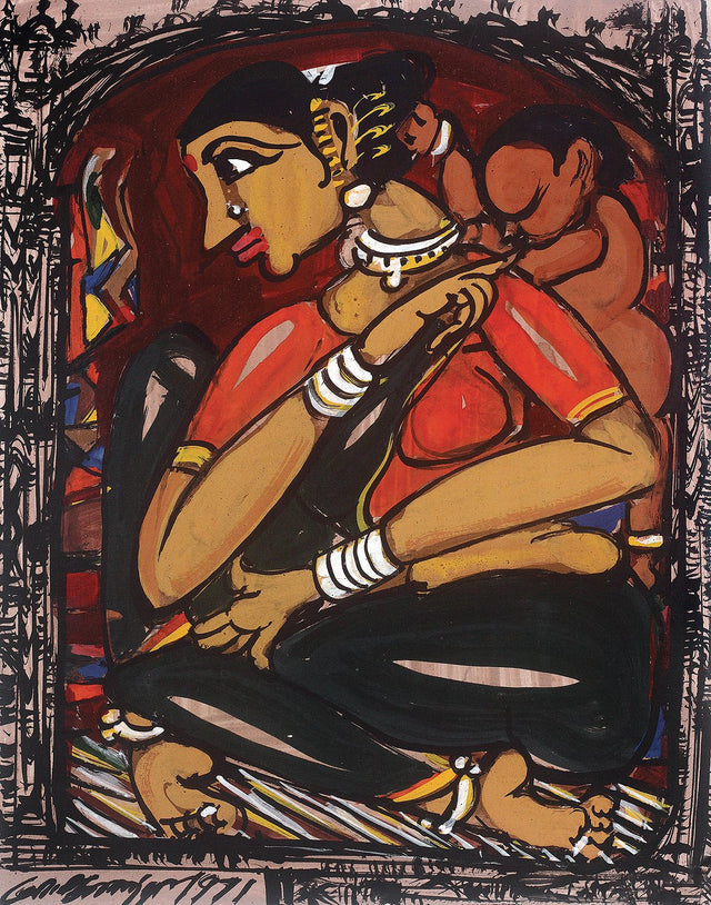 Mother and Child II|M. Suriyamoorthy- Mixed Media on Paper, 1971, 13.5 x 10.5 inches