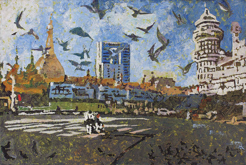Yangon City|Zwe Mon- Acrylic on Canvas, 2012, 24 x 36 inches