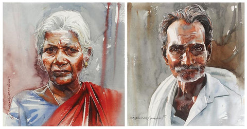Face - Set of 2|R. Rajkumar Sthabathy- Water Color on Paper, 2015, 11 x 22 inches