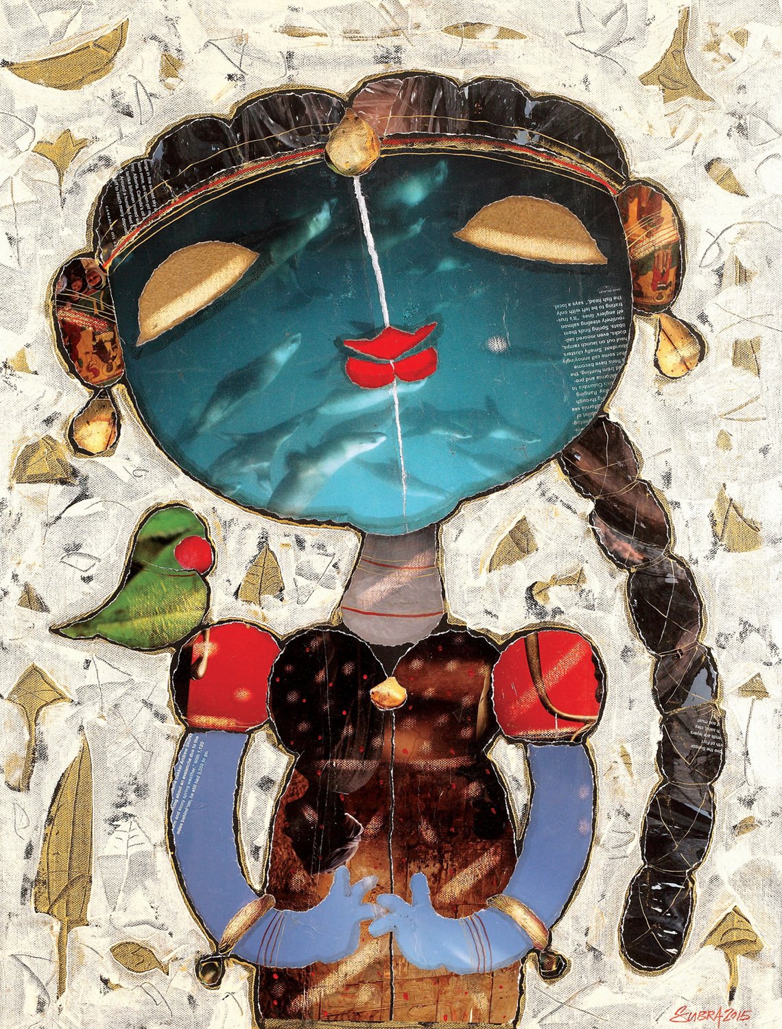 Girl with parrot I|G. Subramanian- Mixed Media on Canvas, 2015, 26 x 20 inches