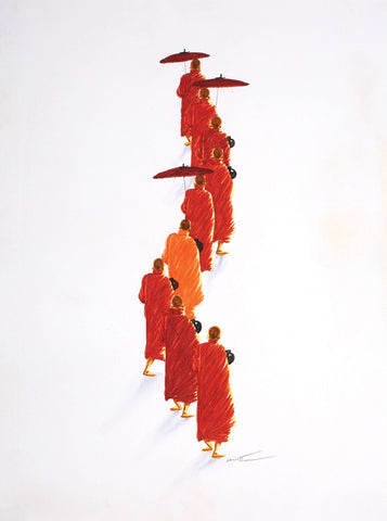 Monks in route 2|Win Thu- Water Color on Board, 2015, 15 x 11 inches