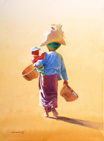 Return from market|Min Wae Aung- Water Color on Board, 2016, 15 x 11 inches
