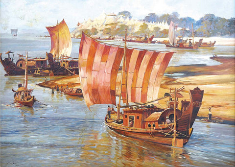 Myanmar Ancient River Boat|U Marlar- Oil on Canvas, 2008, 36 x 48 inches