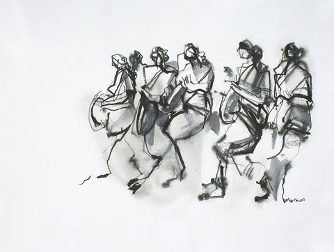 Performers I|S. Mark Rathinaraj- Pen and Ink on Paper, , 12 x 8.5 inches