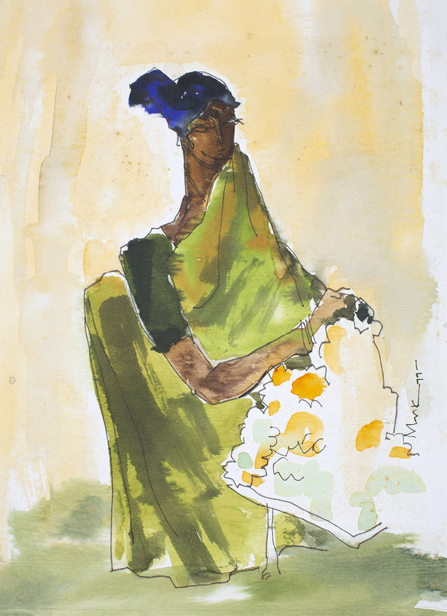 Flower Seller|S. Mark Rathinaraj-  Pen and Ink on Paper, , 11 x 7.5 inches