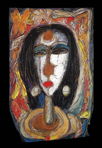 Mona Lisa|Dhiraj Choudhury- Burnt & painted wood, 2008, 18 x 12 inches
