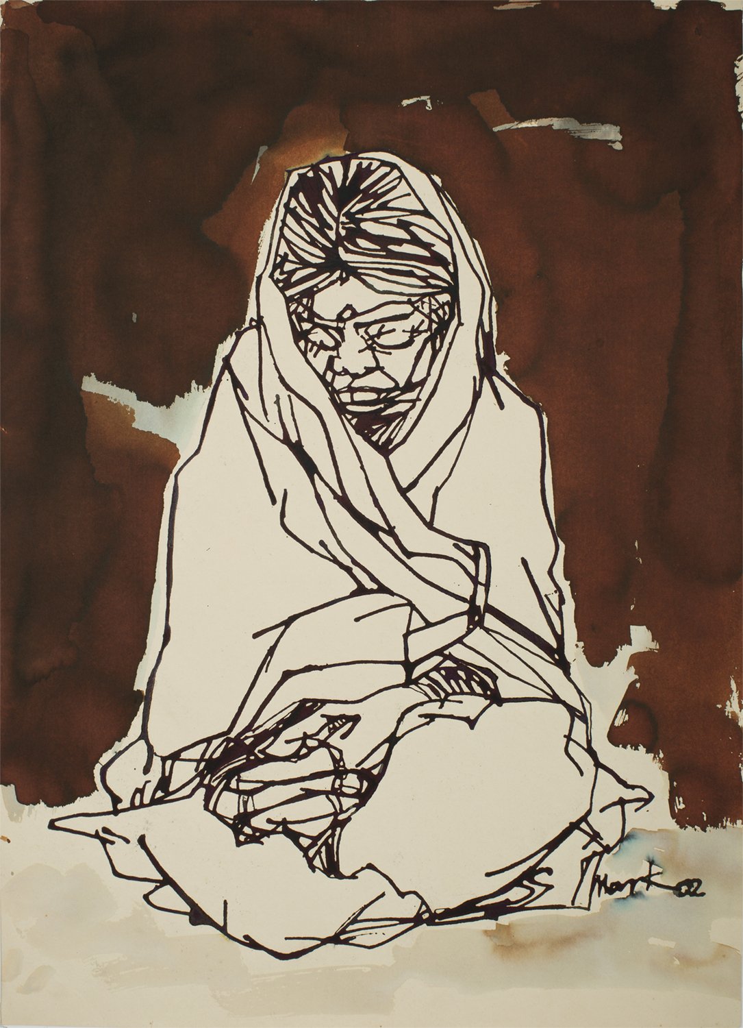 Old woman|S. Mark Rathinaraj- Pen and Ink on Paper, , 21 x 15 inches