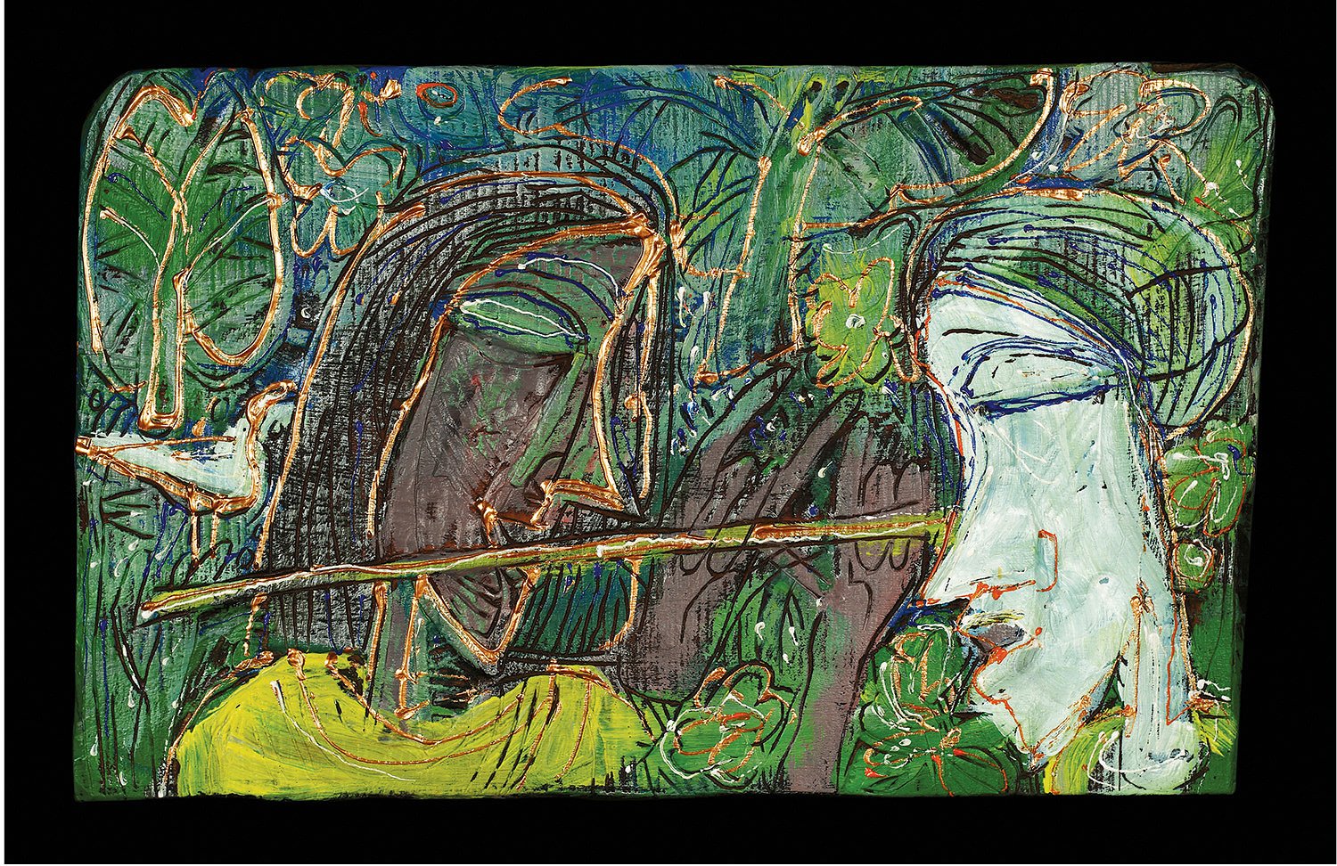 Flute player 2|Dhiraj Choudhury- Burnt & painted wood, 2016, 10 x 16 inches