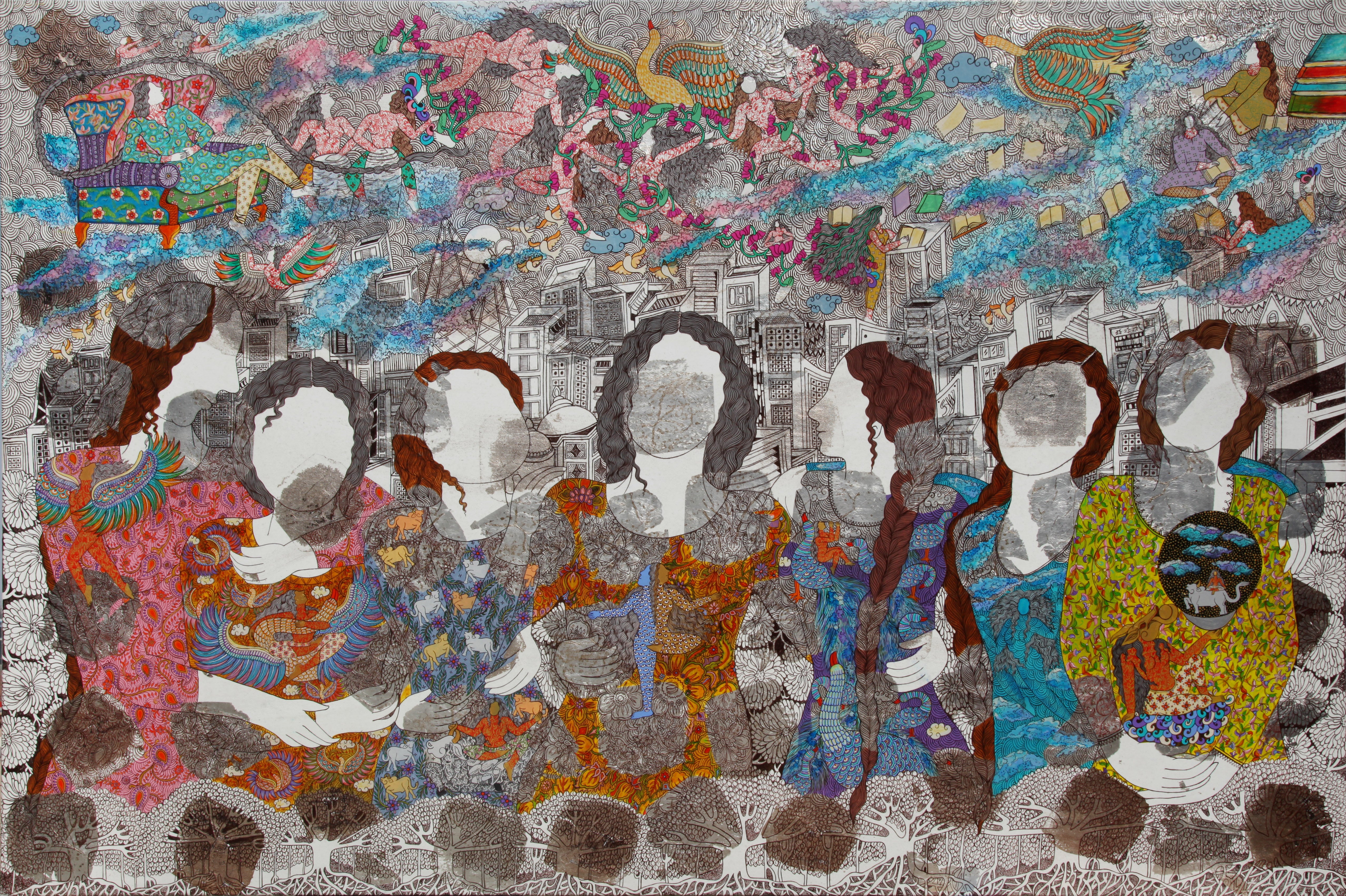 The SaptMatrika's-Of Mothers Sisters Daughters and Friends|Seema Kohli- Acrylics and inks on canvas with 24ct gold and silver leaf, 2020, 48 x 72 inches