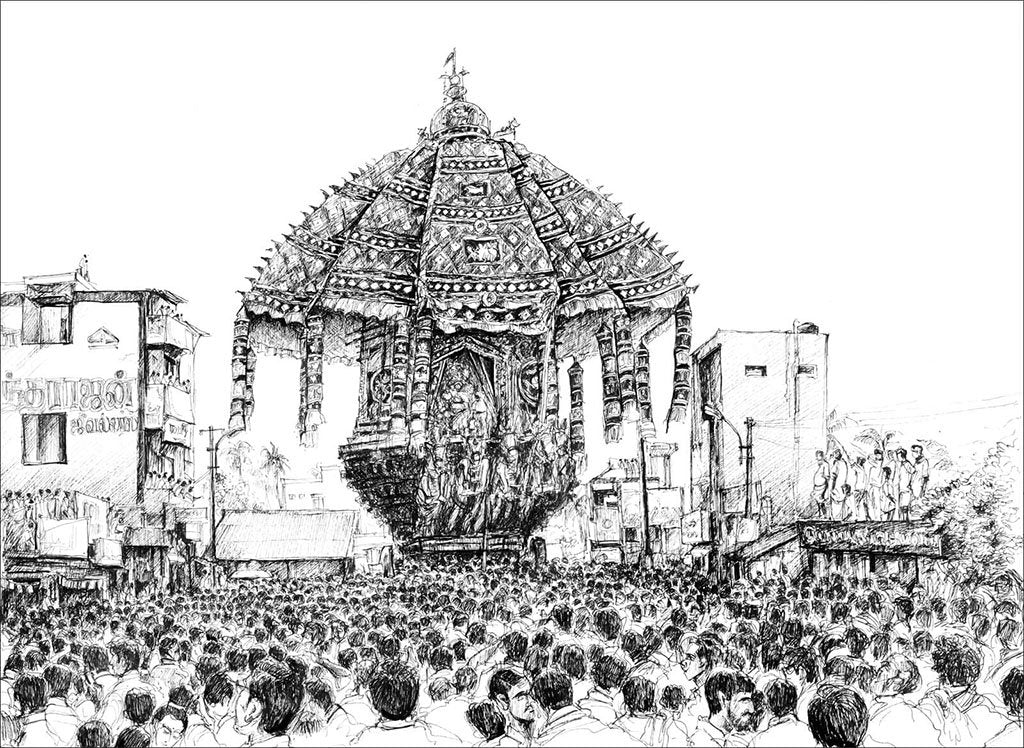 Festival 1 (Thiruvarur Ther)|Dhanraju Swaminathan- Pen Drawing on Canson Board, 2016, 11 x 16 inches