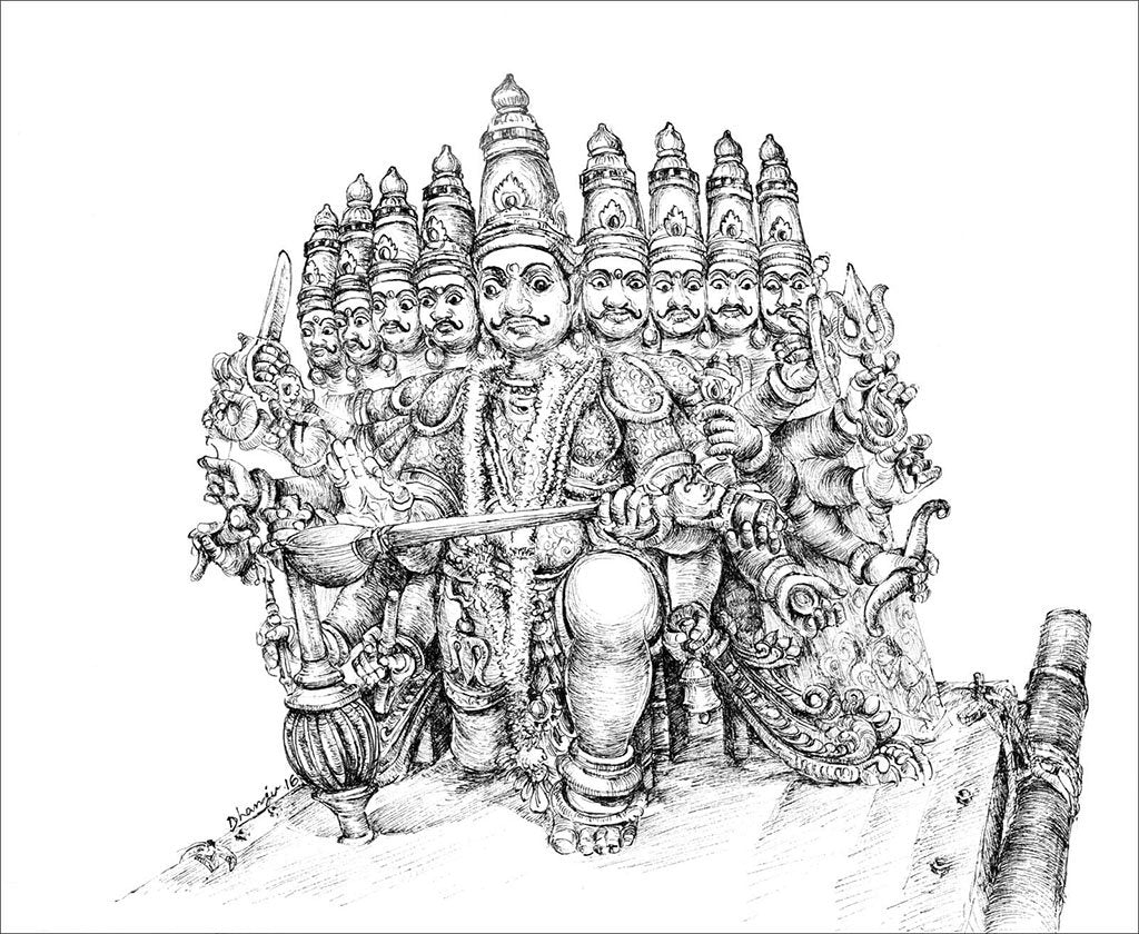 Dussehra celebration - ravana with ten heads, hand drawn sketch posters for  the wall • posters warrior, vector, traditional | myloview.com