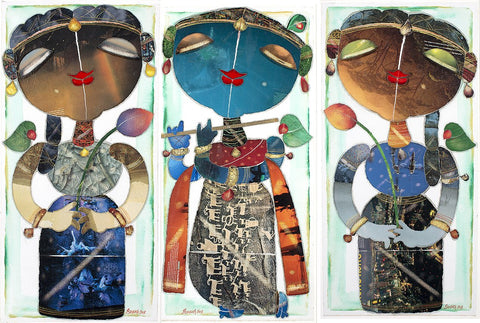 Krishna with Bhama Rukhmini(set of three)|G. Subramanian- Mixed Media on Canvas, 2012, 31 x 16 inches