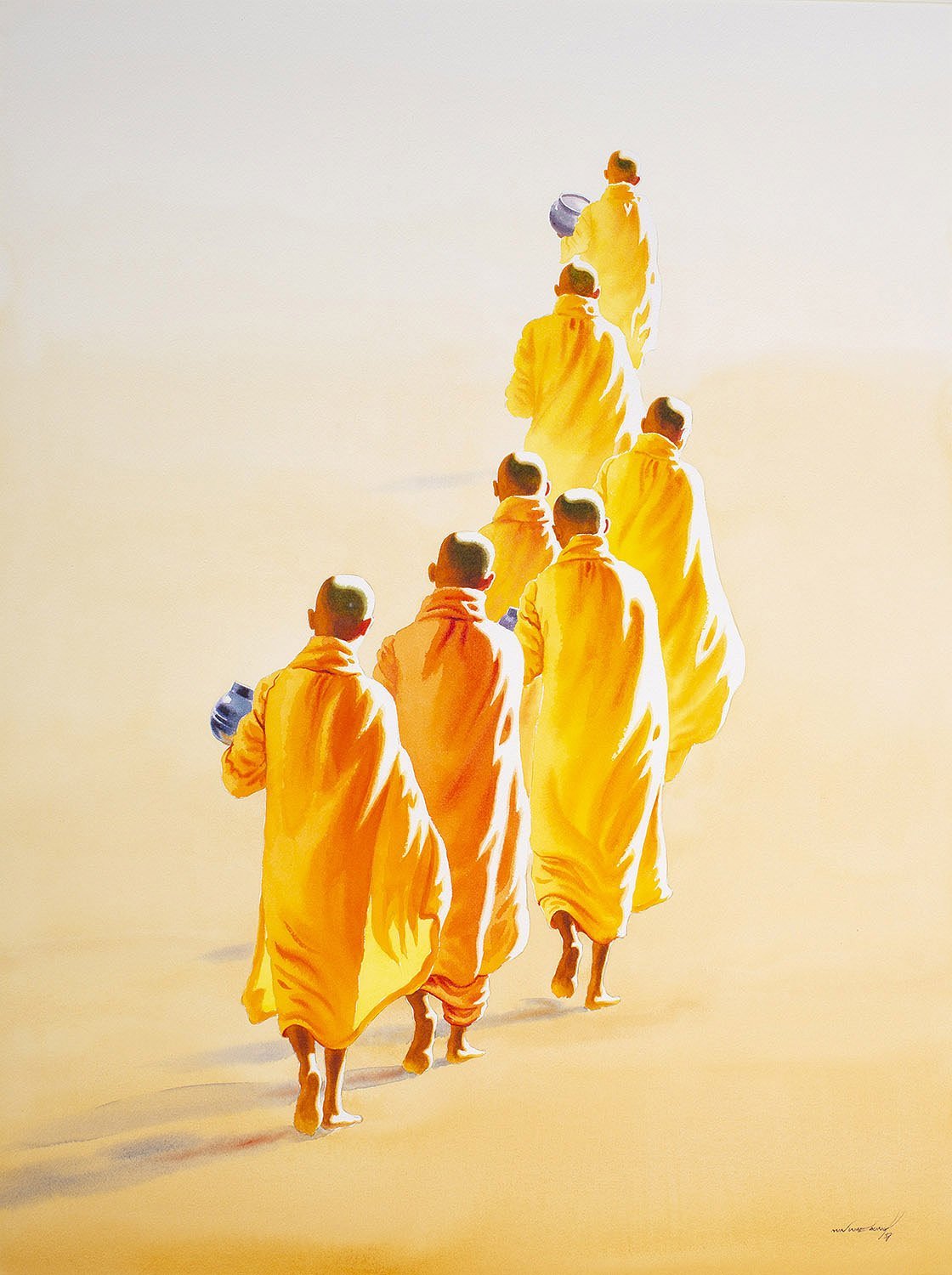 Novices on the morning round|Min Wae Aung- Watercolor on Paper, 2017, 30 x 22 inches