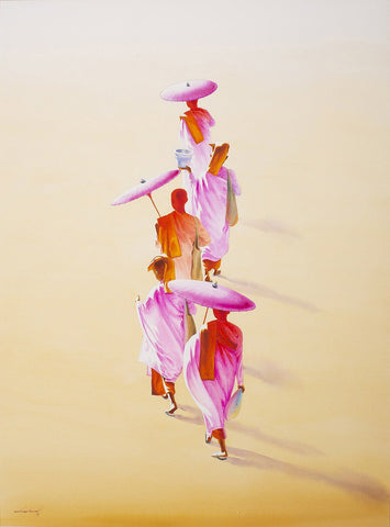 Nuns under sunshine 1|Min Wae Aung- Watercolor on Paper, 2017, 30 x 22 inches