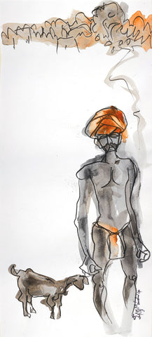 Pastoral Life 19|N.S. Manohar- Water color on board, 2015, 21 x 9.5 inches