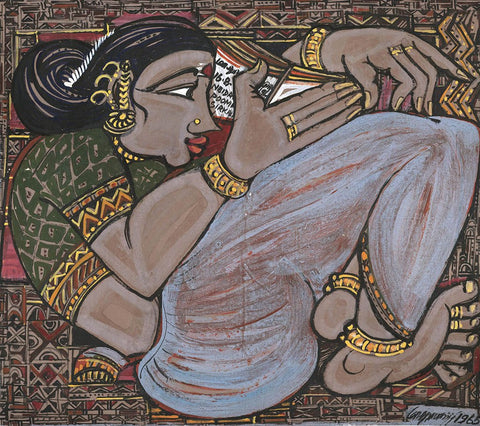 Reading Women|M. Suriyamoorthy- Mixed media on paper, 1965, 23.5 x 25.5 inches