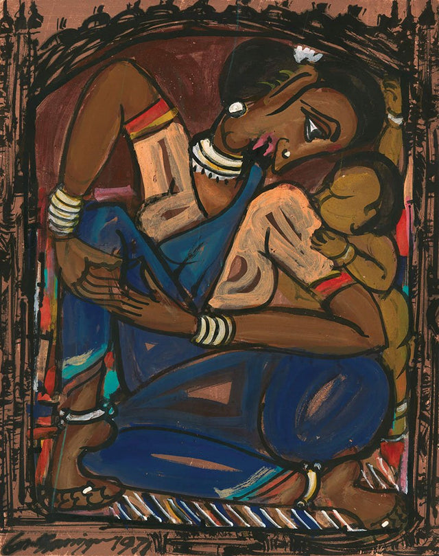 Mother and Child 13|M. Suriyamoorthy- Mixed media on paper, 2009, 16 x 12 inches