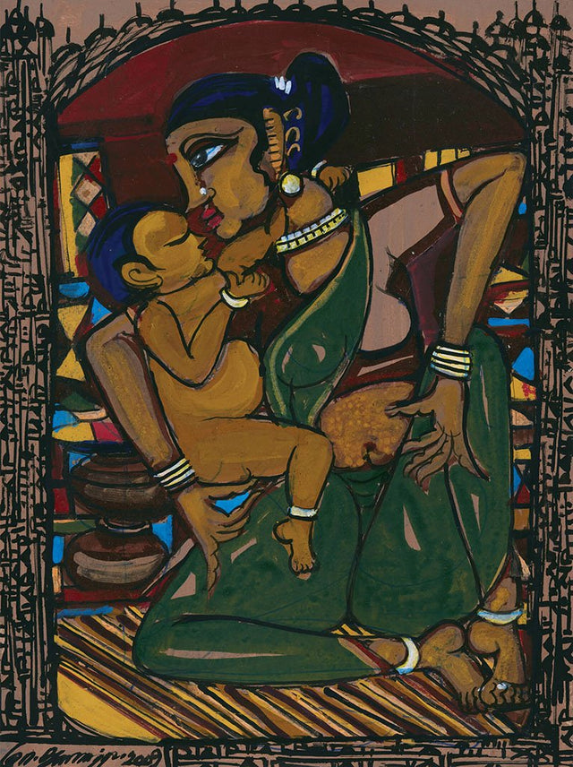 Mother and Child 15|M. Suriyamoorthy- Mixed media on paper, 2009, 14 x 11 inches