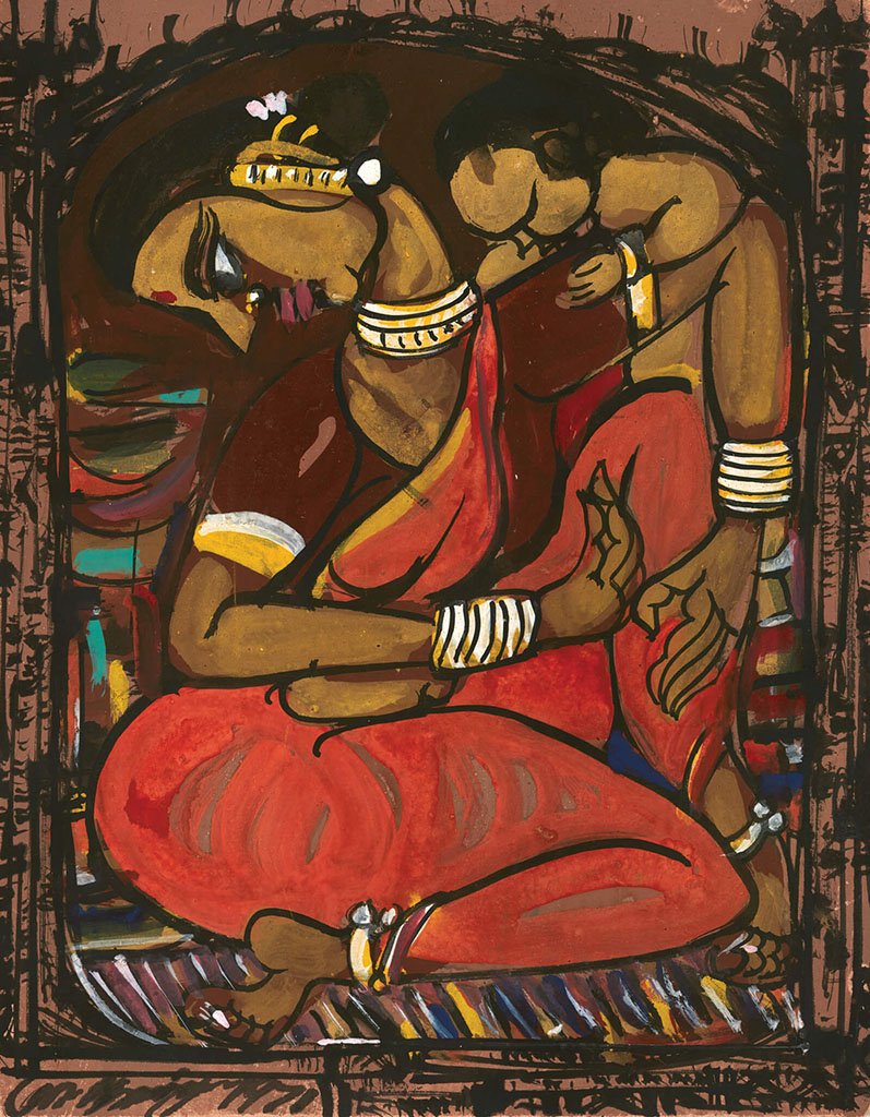 Mother and Child 16|M. Suriyamoorthy- Mixed media on paper, 2009, 14 x 11 inches