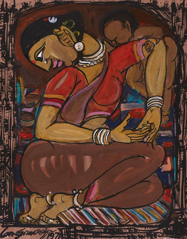 Mother and Child 17|M. Suriyamoorthy- Mixed media on paper, 2009, 14 x 11 inches